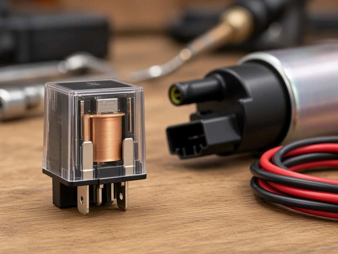 Close view of a fuel-pump connector beside an illustrative relay showing coil and contact sides