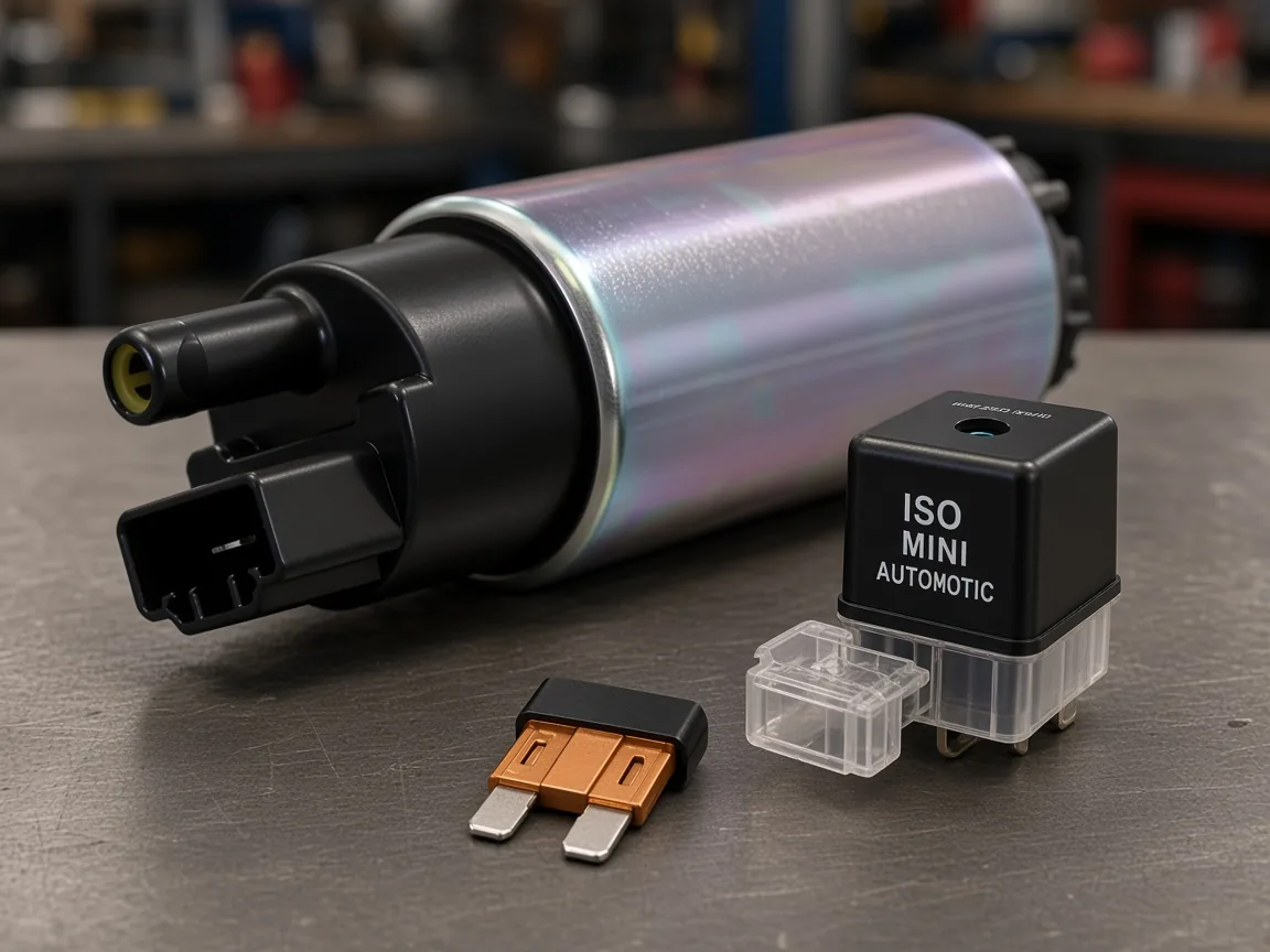 Illustrative ISO mini relay beside an inline blade fuse with a fuel pump in soft focus
