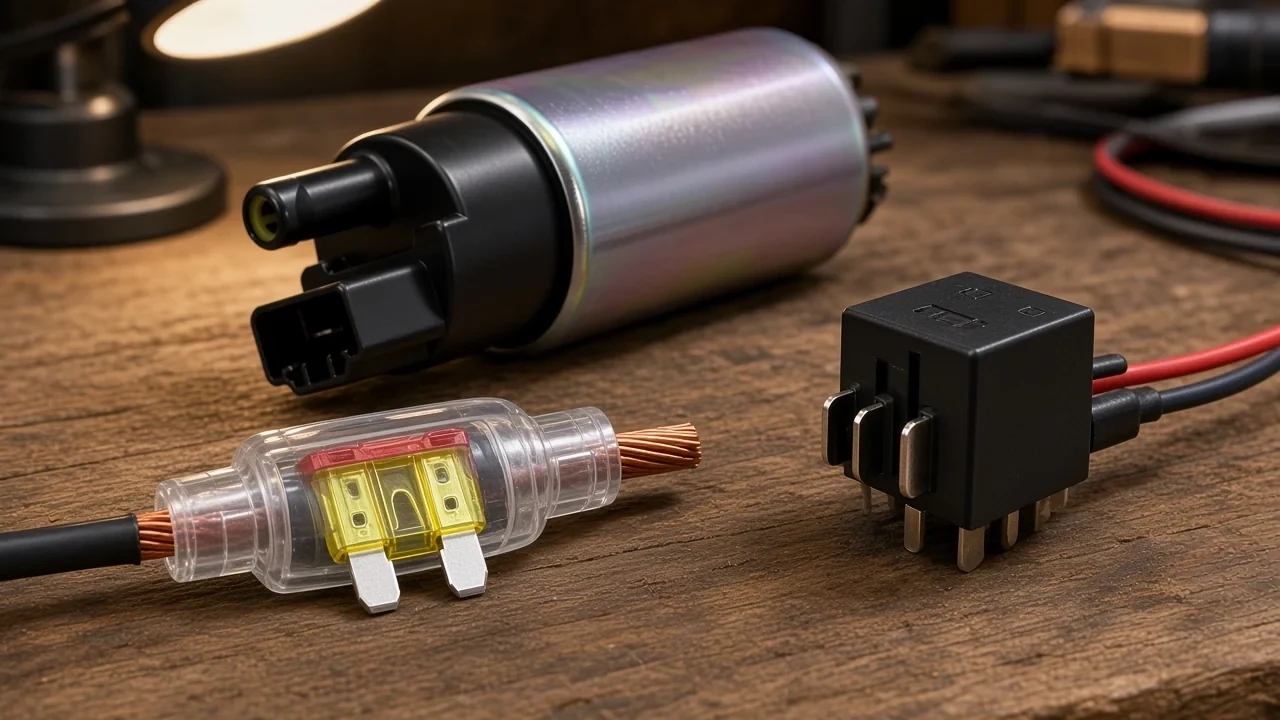 How to Choose an Electric Fuel Pump Relay Illustrative ISO mini relay beside an inline blade fuse with a fuel pump in soft focus