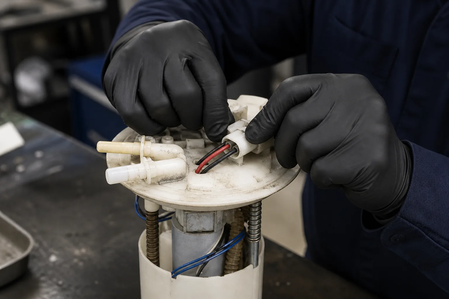 Technician pushing a stuck fuel pump electrical connector fully home to clear debris before releasing the lock