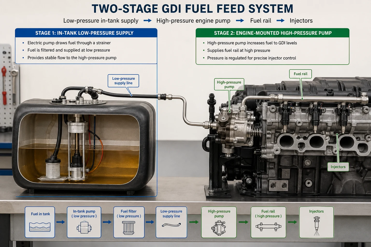Two-stage GDI feed with in-tank supply pump and engine-mounted HPFP