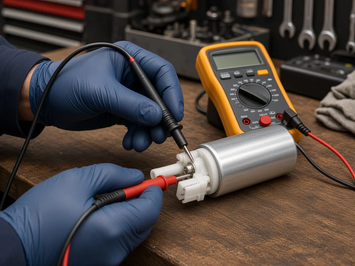 What Causes Low Voltage to a Fuel Pump: Circuit Drop, Ground, and Supply Path Causes Technician measuring voltage at an electric fuel pump with a digital multimeter