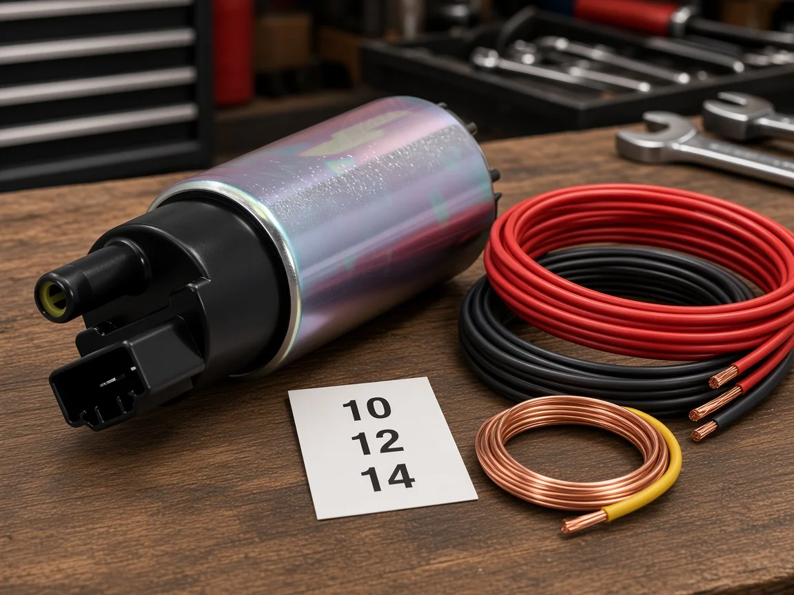Copper wire gauges beside an electric fuel pump for current and length selection