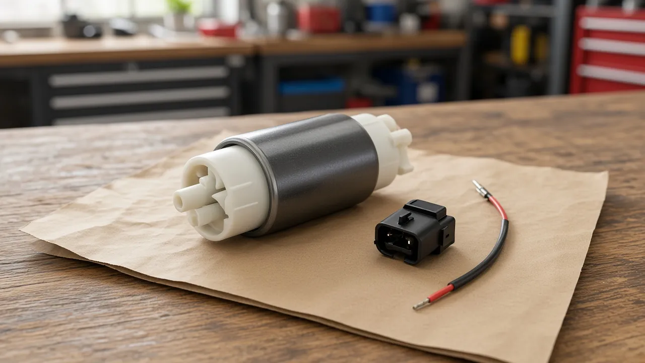Aftermarket Fuel Pump Wiring the Existing Plug Can Keep Electric fuel pump on a bench beside a two-cavity plug and a short lead