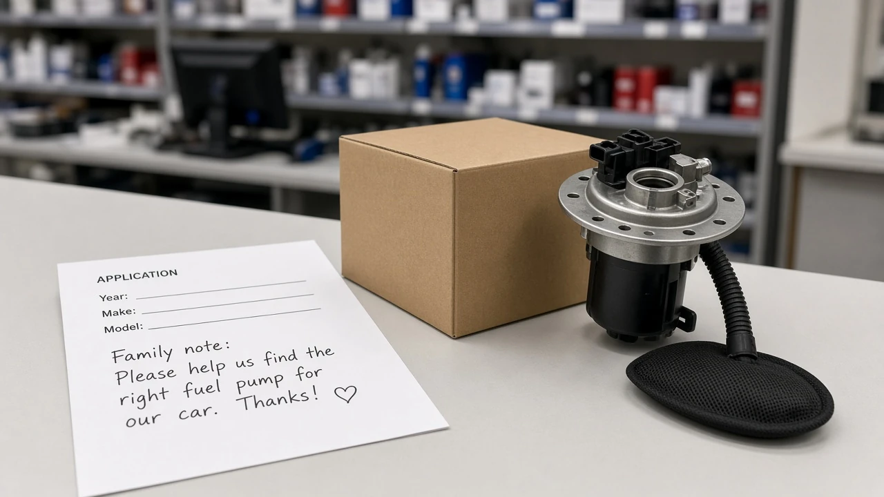 What a Bosch fuel pump line is allowed to name Printed application sheet and fuel-pump carton decision on a parts counter