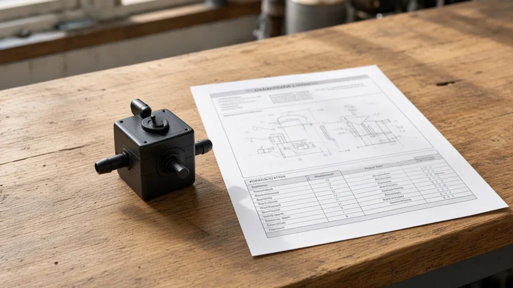 Small-engine pulse vacuum cube beside a printed engine sheet on a shop counter