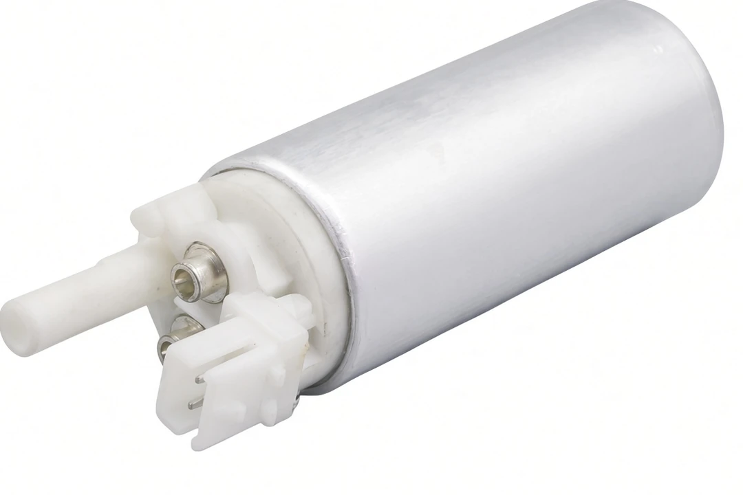 When the Year Sheet Names a Diaphragm or an Electric Motor Side view of the KS-360501 electric gasoline pump canister with its outlet tube and connector