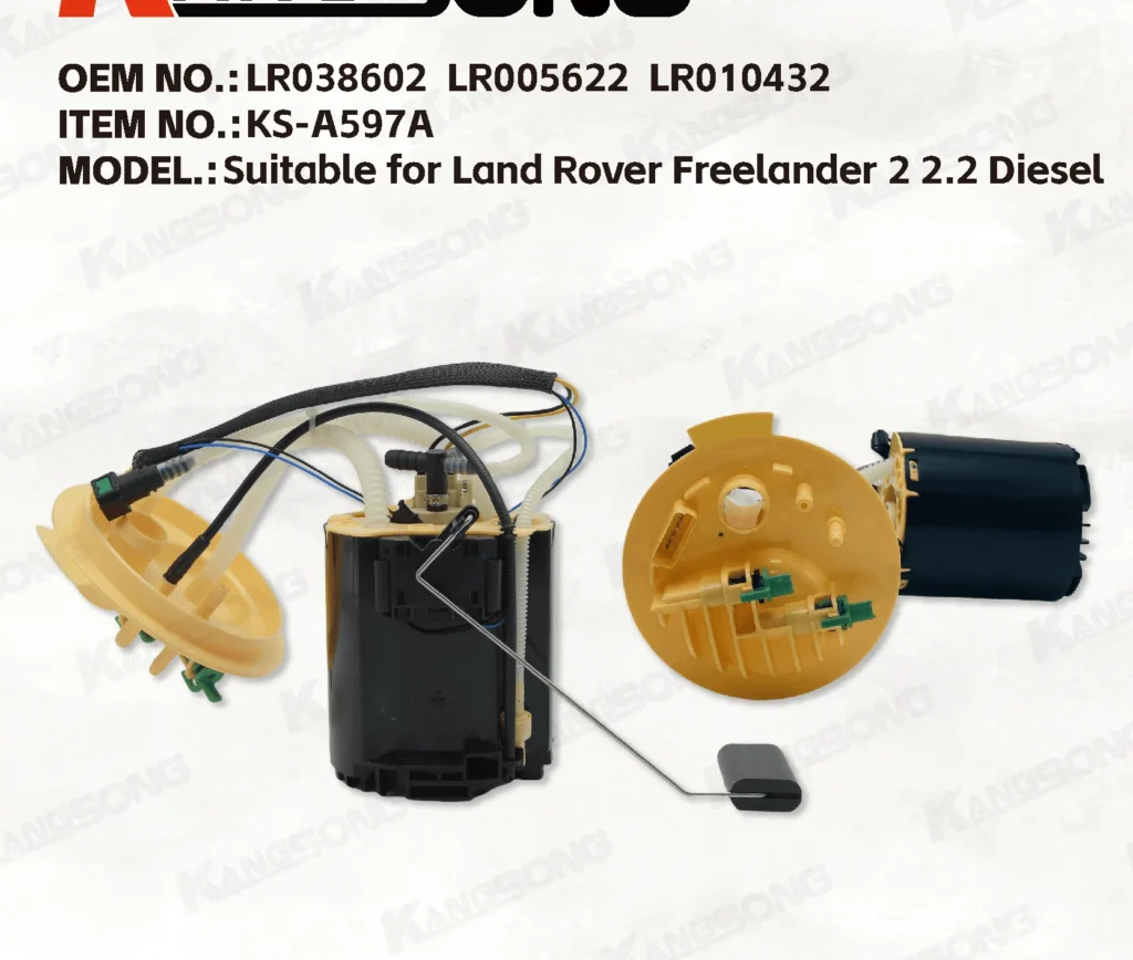 Diesel fuel pump assembly photographed on a studio background, with the black motor housing and yellow flange visible