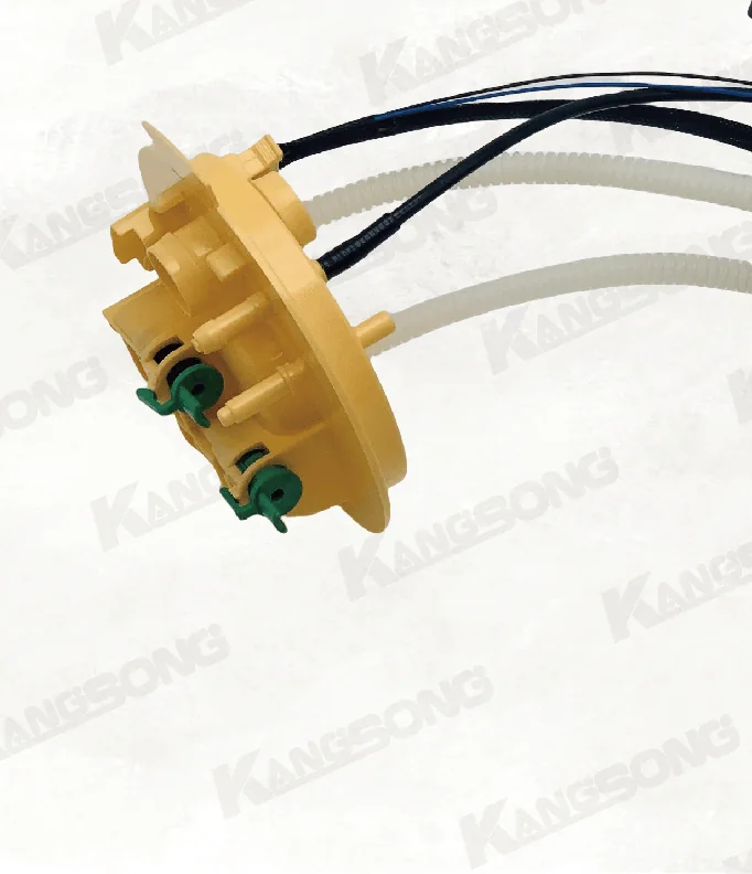 Yellow mounting flange with green clips, outlet pipes, and wires on a diesel fuel pump assembly