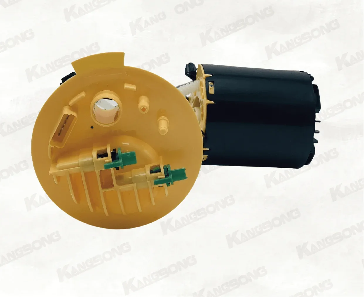 Underside of a diesel fuel pump assembly showing the yellow flange, green clips, and black motor housing