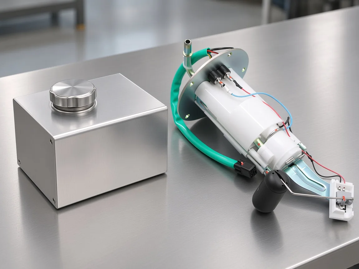 Which carton a fuel cell with pump line is allowed to name Unbranded metal fuel cell on a bench beside an electric in-tank pump for a fuel-cell-with-pump carton decision