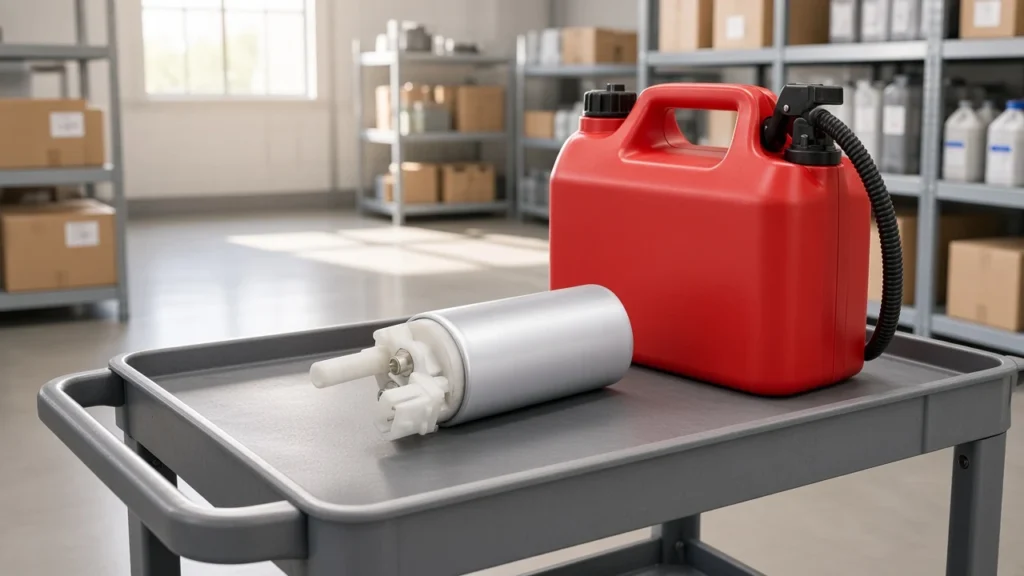 Silver electric canister pump on a bench beside the carton decision for a fuel caddy line