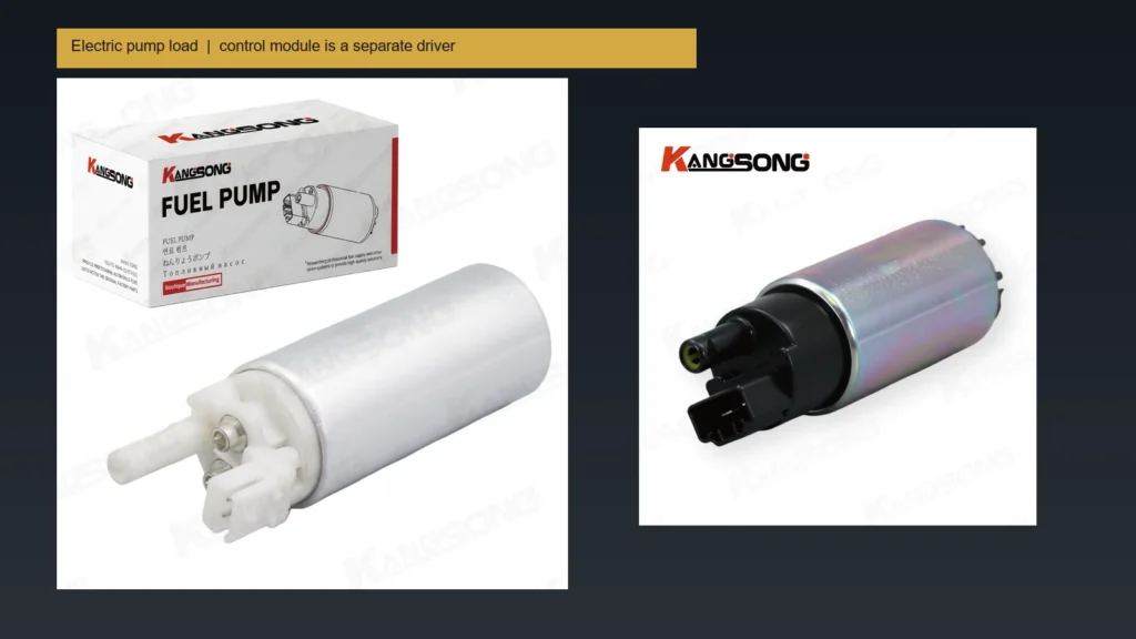 Electric fuel pump hardware on a bench beside kit packaging, showing the pump load a control module drives