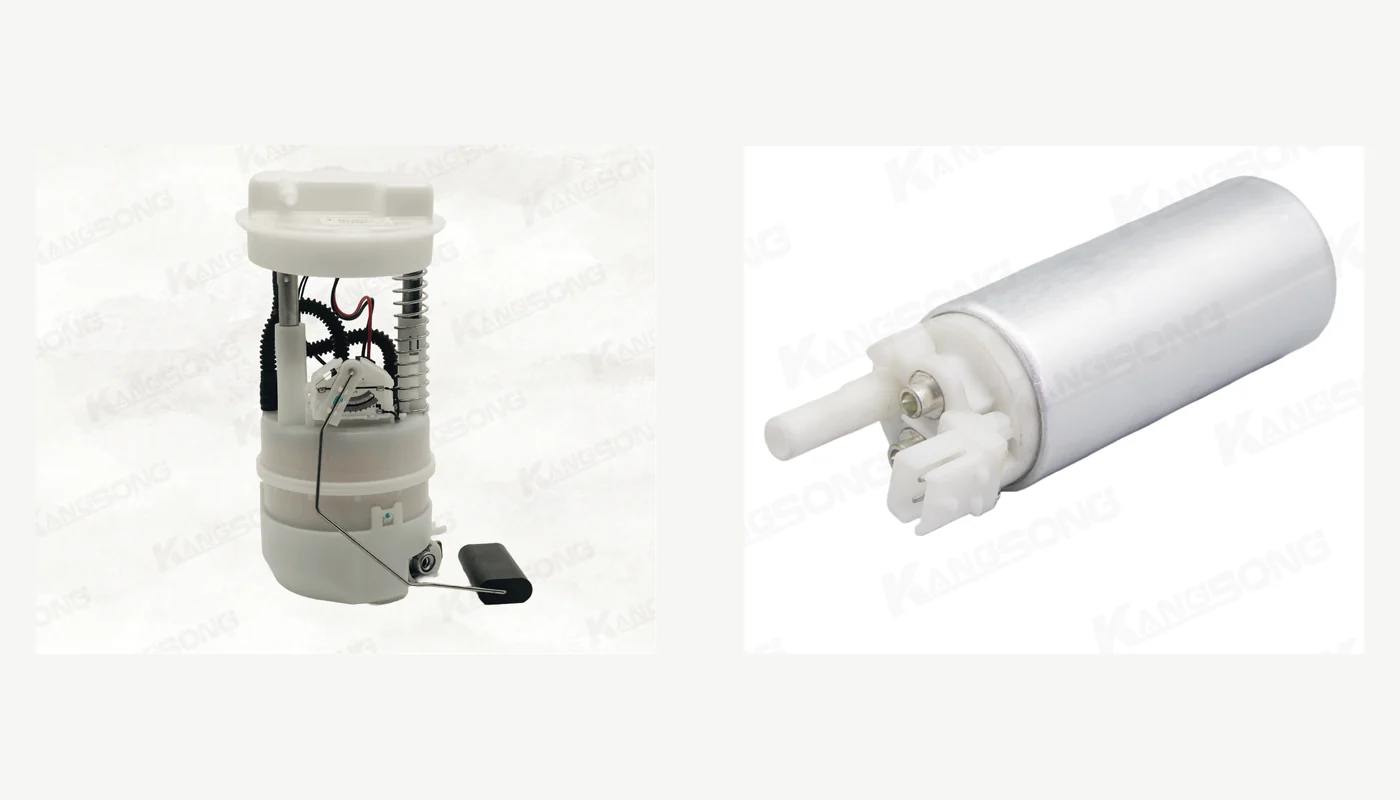 Fuel Pump Assembly vs Fuel Pump for the Right Carton In-tank fuel pump assembly with float beside a bare cylindrical fuel pump