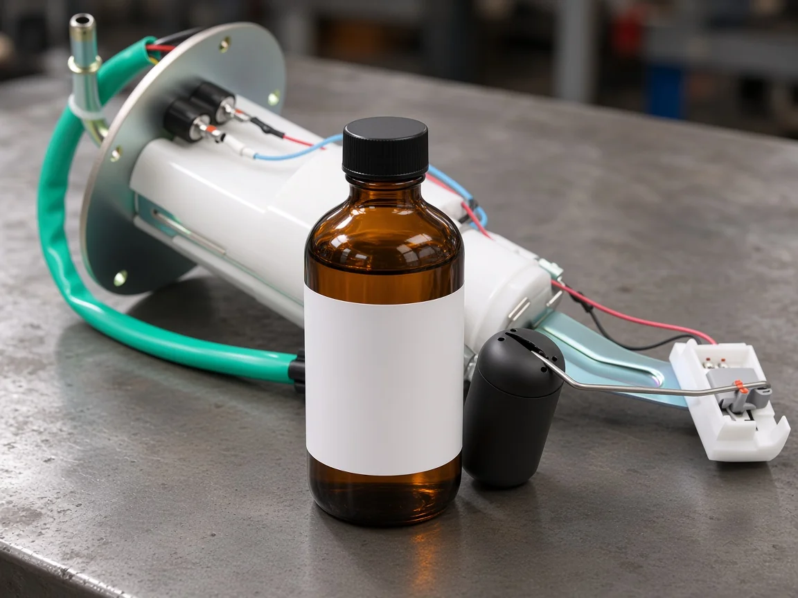 A fuel pump cleaner ticket still names a bottle or a shop clean Unbranded amber bottle standing in front of an electric fuel pump assembly
