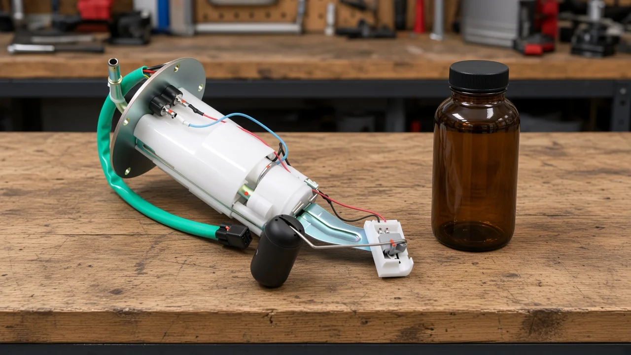 A fuel pump cleaner ticket still names a bottle or a shop clean Electric in-tank pump assembly beside an unbranded amber bottle on a workbench
