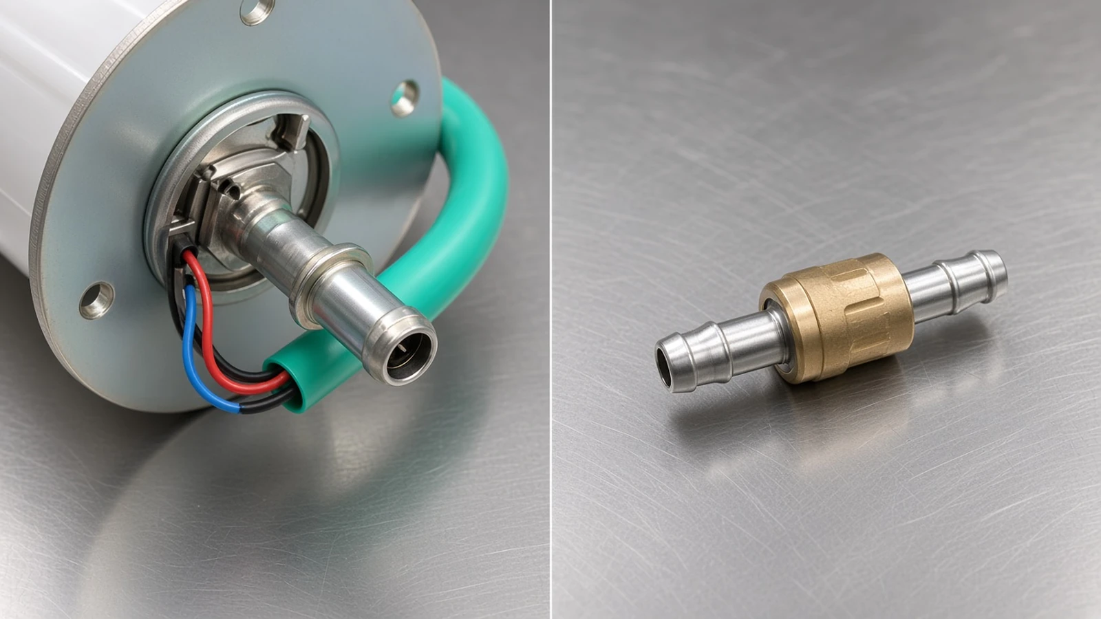 Which Fuel Pump Check Valve Object the Ticket May Name In-tank fuel pump module outlet context beside a separate inline fuel-line check valve on a steel bench