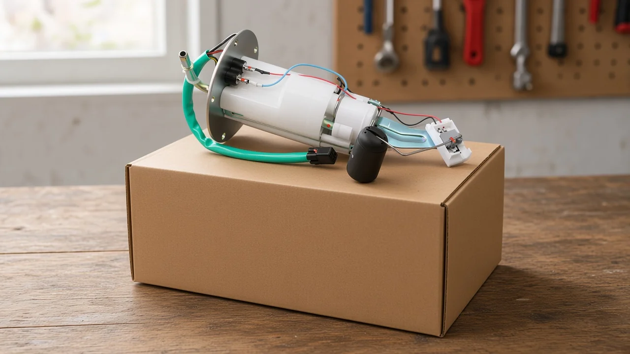 Naming a fuel pump filter line against the printed sheet Complete in-tank pump, sender, and housing assembly resting on a plain unmarked carton