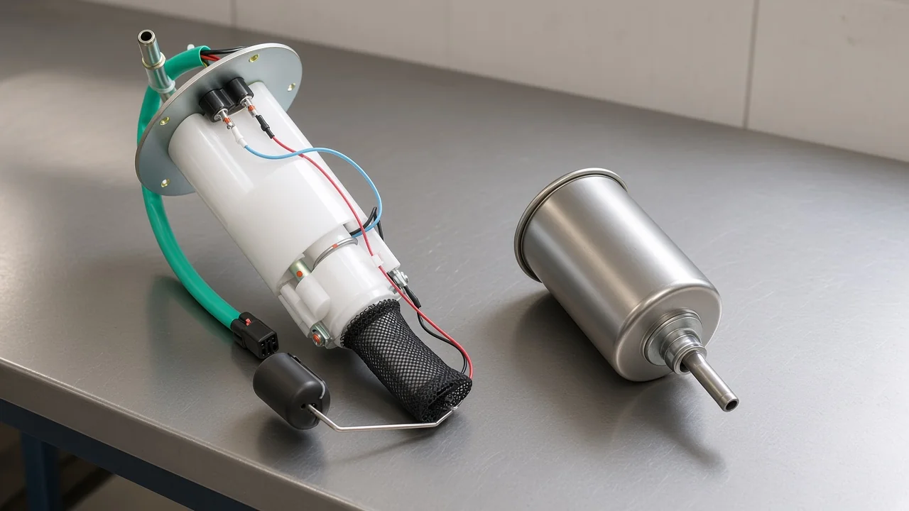 Naming a fuel pump filter line against the printed sheet In-tank pump module with inlet sock beside a separate in-line fuel filter canister on a steel bench