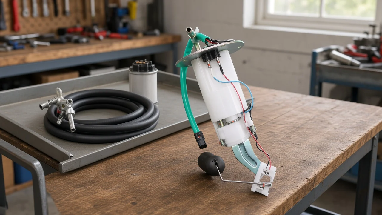 Naming a fuel pump filter line against the printed sheet Automotive in-tank fuel pump module in the foreground with a portable transfer hose and accessory filter set aside on a shop cart