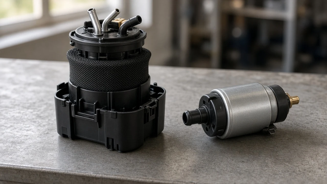 Which Fuel Pump Hanger Object the Ticket May Name Bucket-style in-tank fuel pump module beside a bare pump motor on a workshop bench