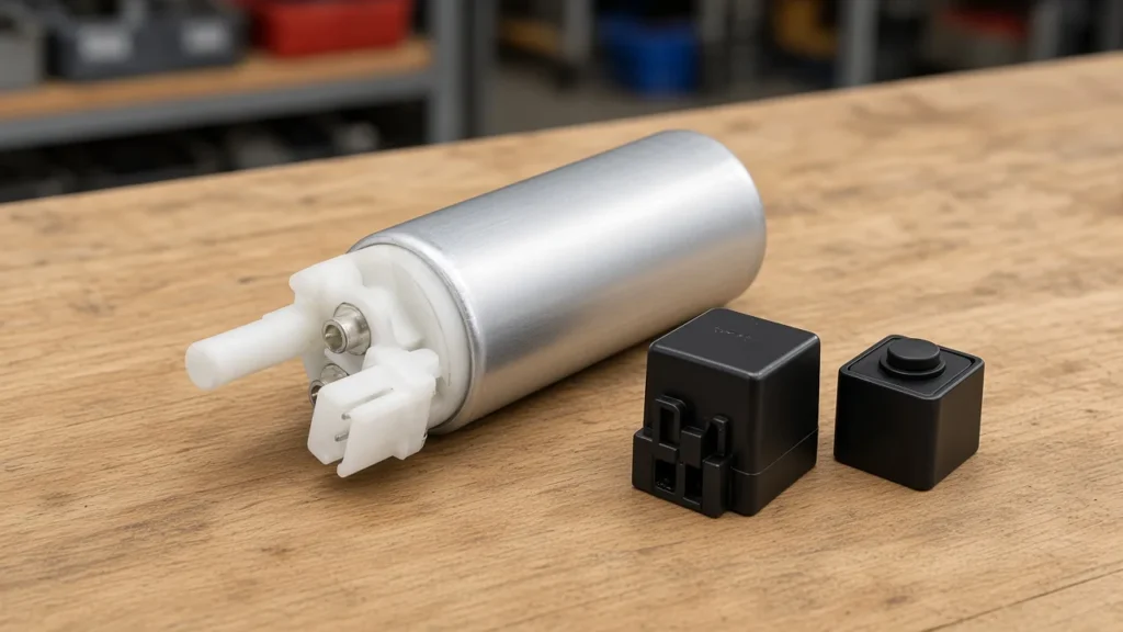 In-tank electric fuel pump on a counter beside an unlabeled relay and a small reset module