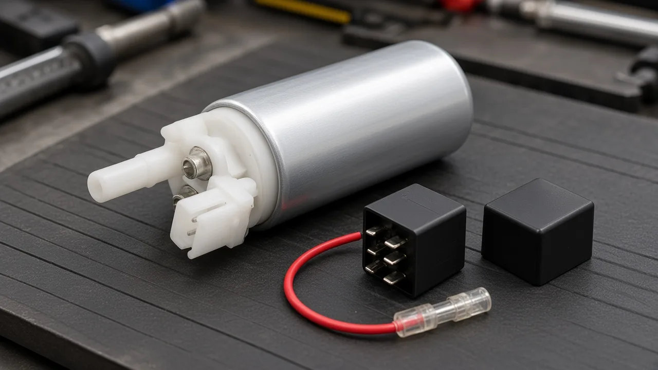 Electric fuel pump, unlabeled relay with a fused lead, and a separate black module on a bench mat