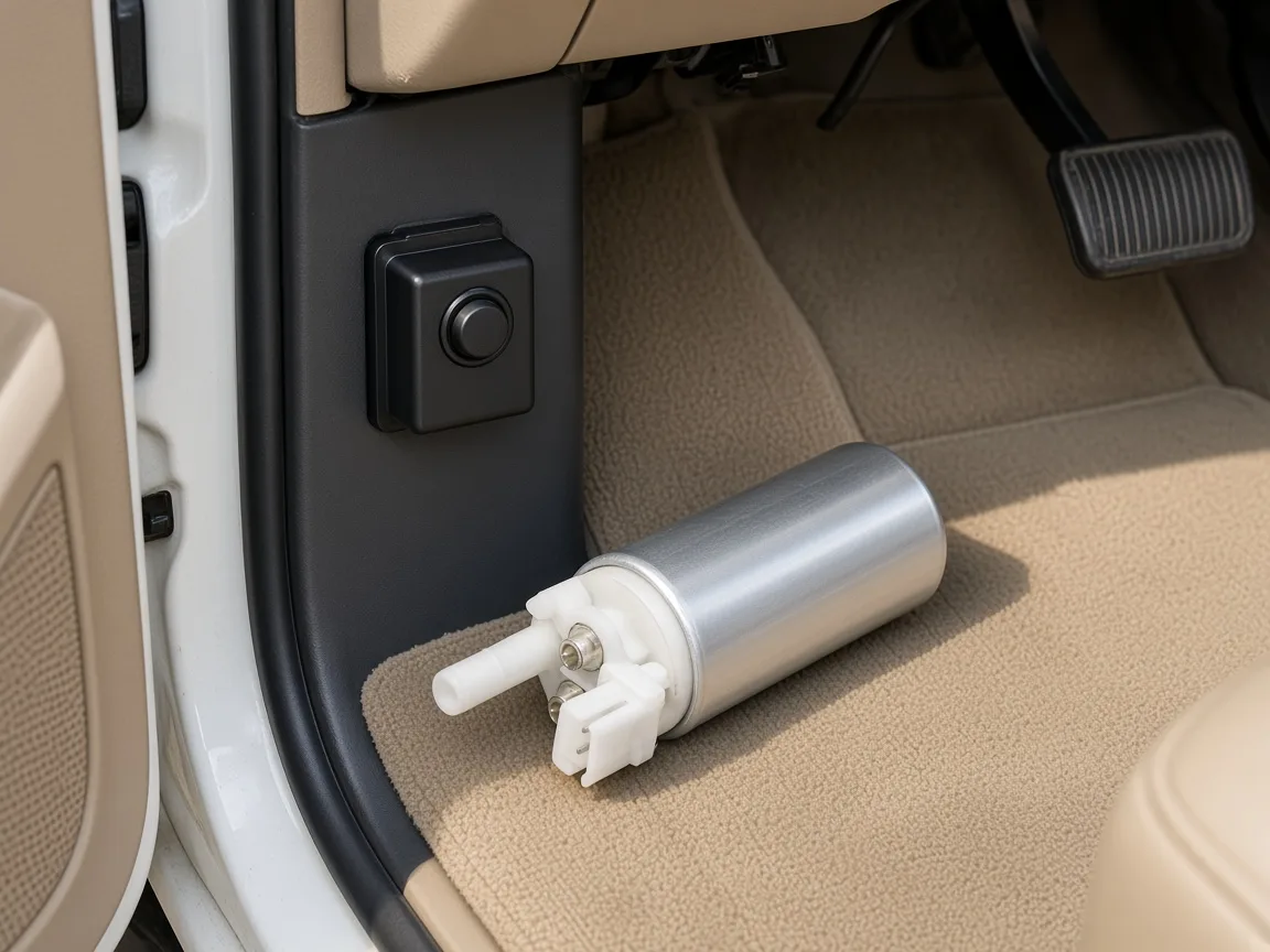 Unlabeled reset module on a truck kick panel with the electric fuel pump on the floor mat