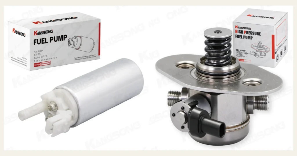 Supply-kit carton beside a high-pressure fuel pump, the two jobs in this comparison