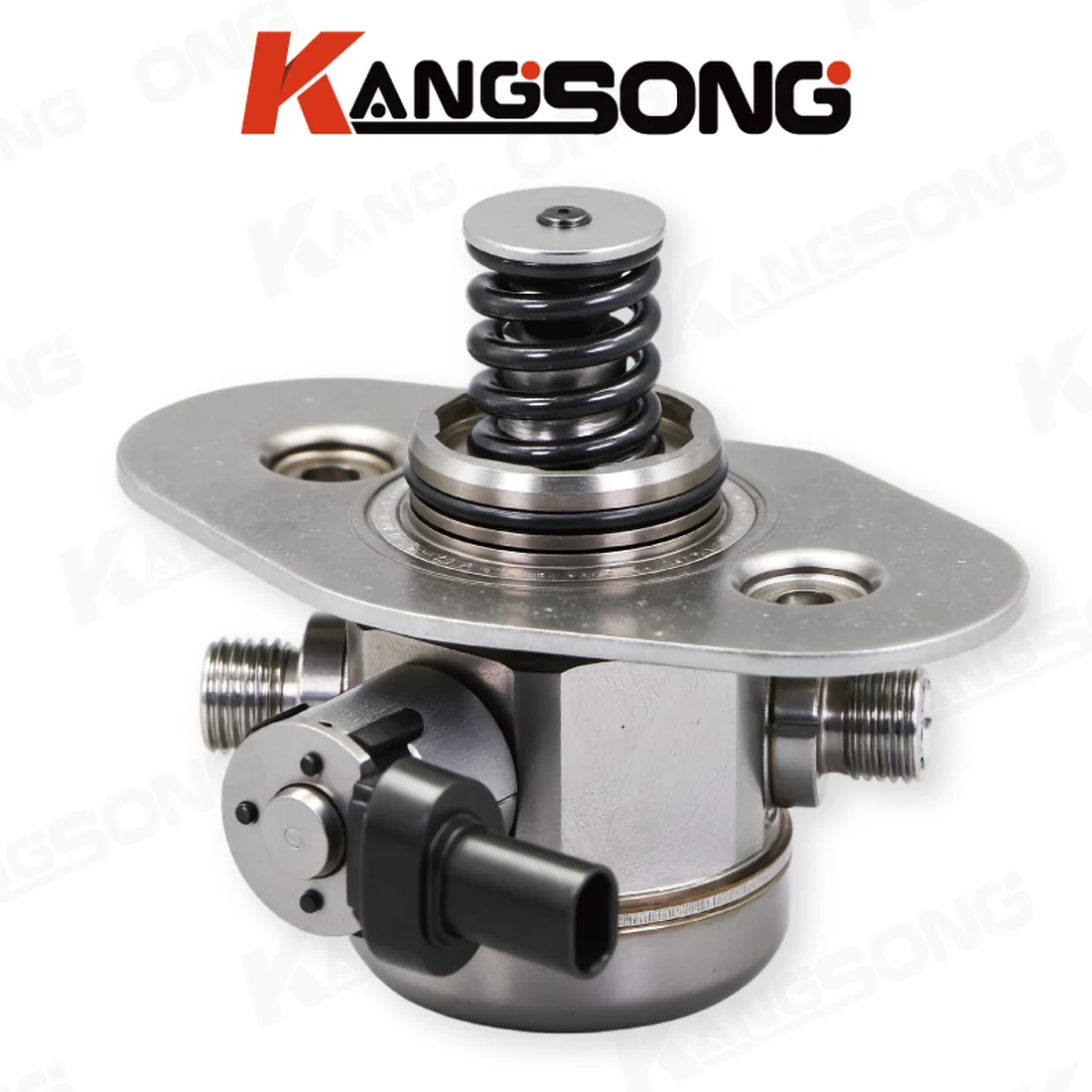 Cam-driven high-pressure fuel pump with spring cap, flange, and outlet fittings