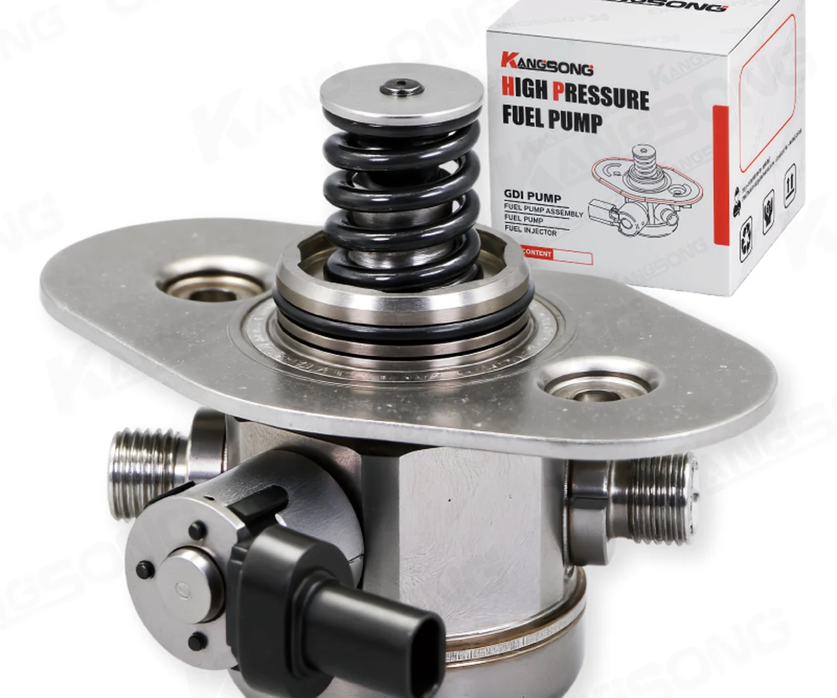 High-pressure fuel pump next to a carton marked high pressure fuel pump and GDI pump