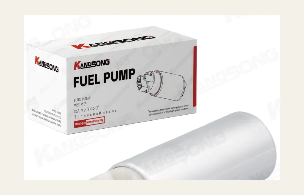 KS-360501 electric gasoline fuel pump cartridge beside a carton printed FUEL PUMP