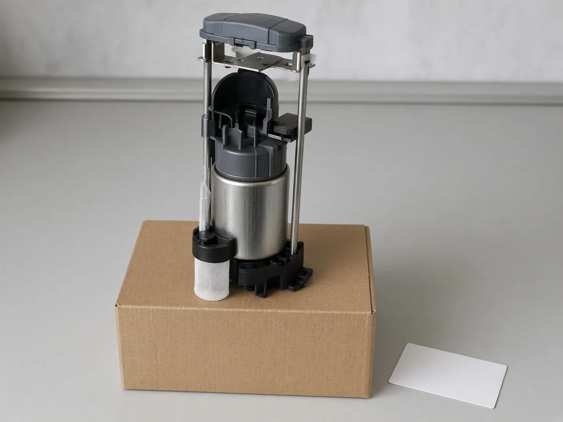 Which Fuel Pump Wiring Harness Object the Ticket Means Complete in-tank pump assembly with housing on a plain carton beside a blank ticket showing no harness-named SKU