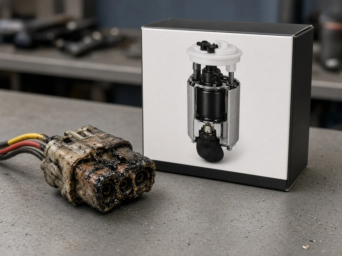 Which Fuel Pump Wiring Harness Object the Ticket Means Heat-damaged fuel pump connector pigtail beside a boxed electric fuel pump carton on a workshop bench