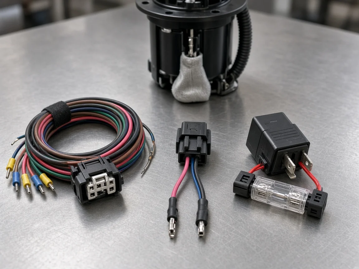Which Fuel Pump Wiring Harness Object the Ticket Means Full vehicle harness coil, short connector pigtail, and relay fuse path laid out beside an in-tank fuel pump for object naming