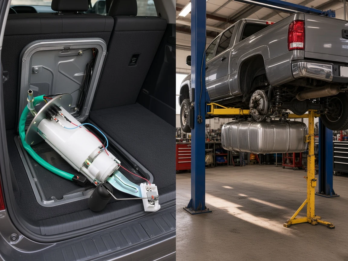 Access-panel hatch around an in-tank pump assembly contrasted with a tank-drop path on a lifted pickup