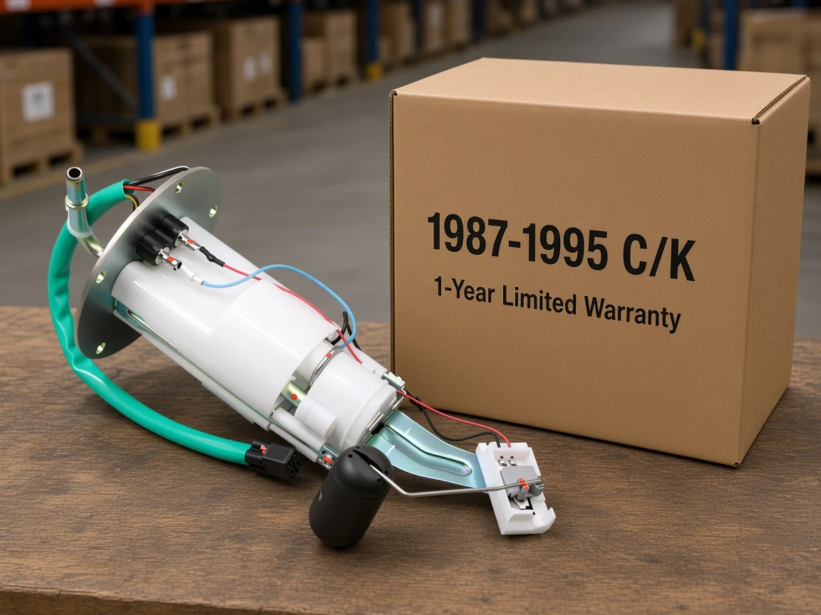 Plain C/K carton showing the 1987-1995 window and warranty line beside an in-tank pump assembly, with no hour stamp