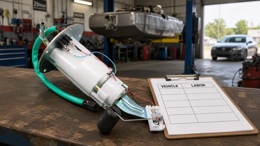 In-tank fuel pump assembly on a shop bench beside a work order with a blank hour cell, with bay tank access in the background