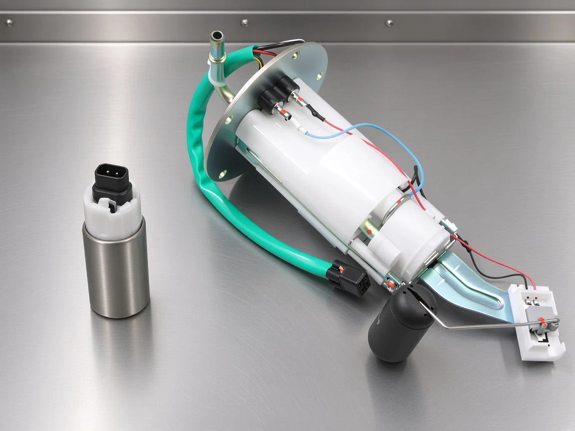 Small pump-only insert beside a complete in-tank fuel pump assembly on a steel bench
