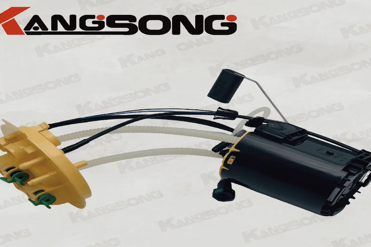 Diesel fuel pump assembly flange and outlet detail marking the boundary between supply hardware and injection service