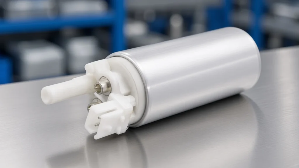 Silver electric canister pump on a bench beside an in-line versus in-tank mount decision