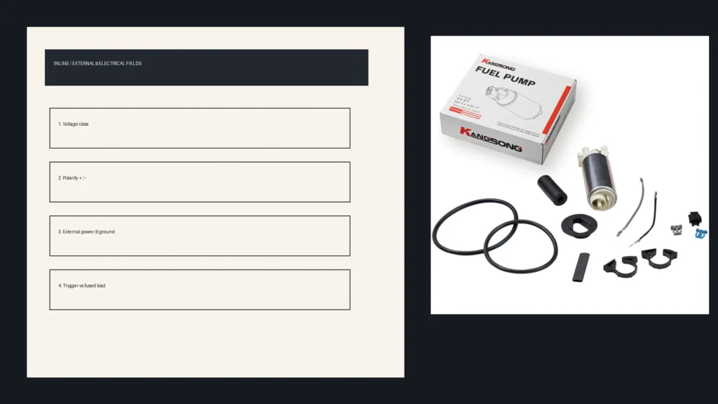 Electrical field checklist for inline and external fuel pump wiring before power is applied