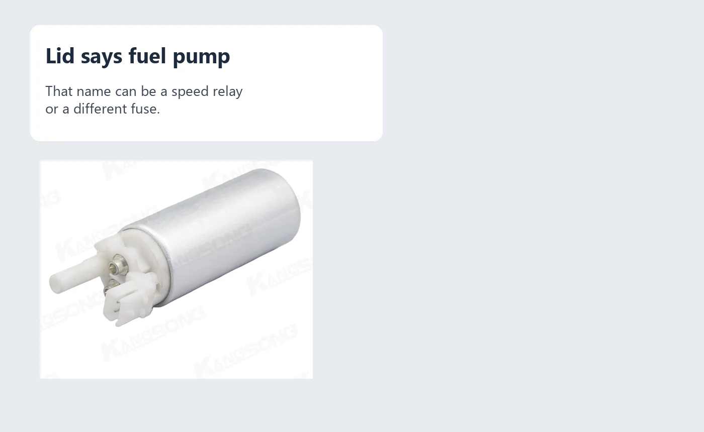 Why the Engine Can Keep Running With the Fuel-Pump Fuse Out Electric fuel pump beside a note that a fuel-pump label can mark a speed relay or the wrong fuse