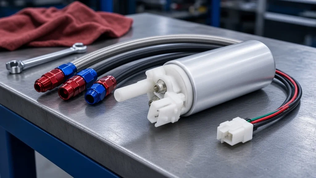 Silver electric canister pump on a bench beside the mount decision for an LS swap sheet