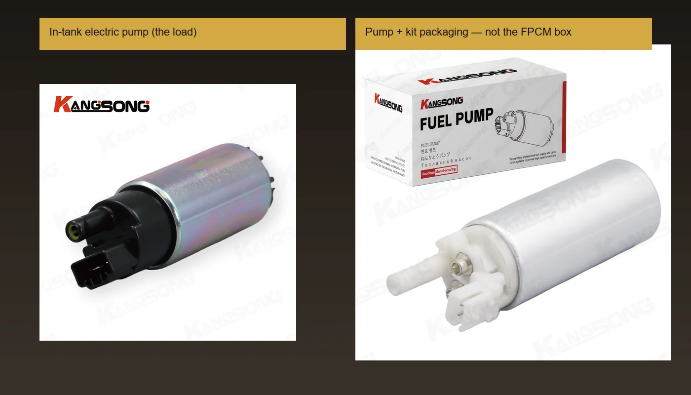 In-tank electric fuel pump hardware next to a pump kit, the mechanical load rather than the electronic driver