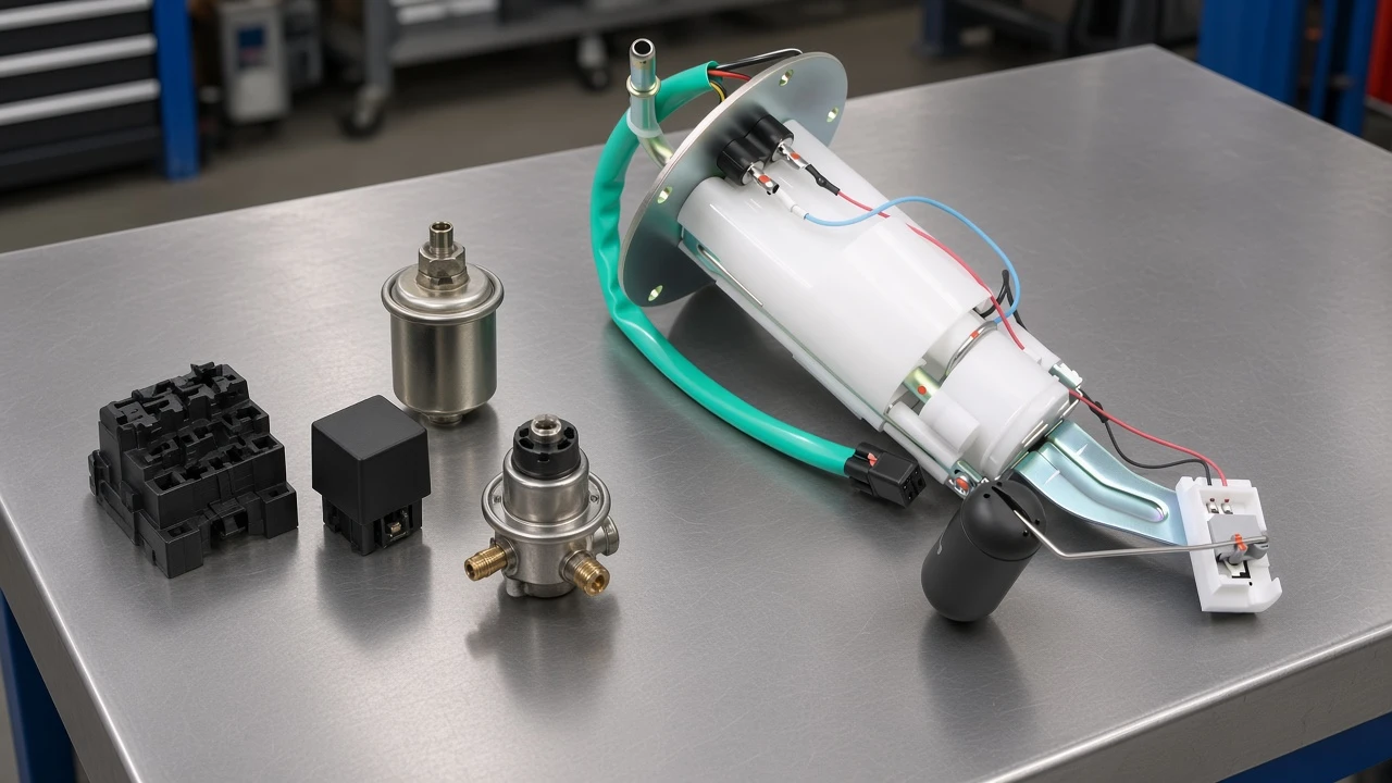 Symptoms of a Bad Fuel Pump: Counter Ticket Evidence Fork Fuse block, relay, filter, and regulator parts grouped beside an in-tank pump assembly on a steel bench