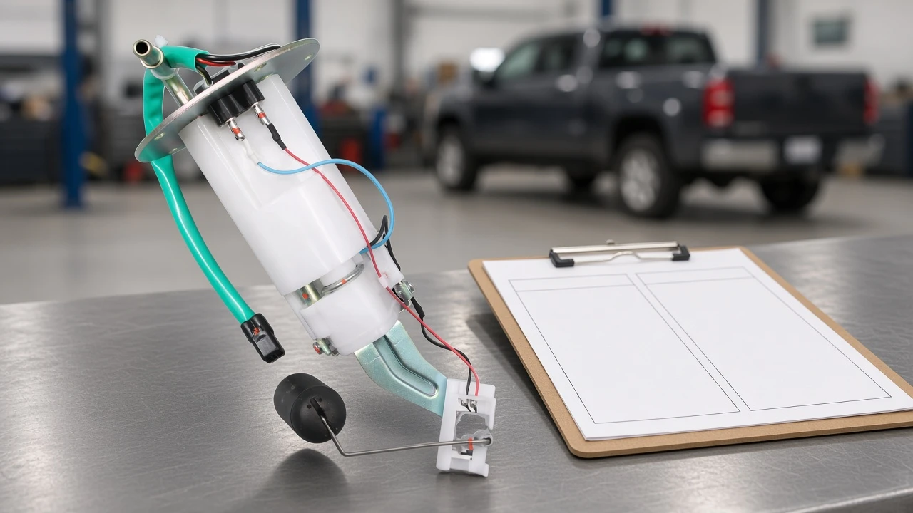 Symptoms of a Bad Fuel Pump: Counter Ticket Evidence Fork In-tank fuel pump module beside a blank start-versus-drive cluster clipboard on a shop bench