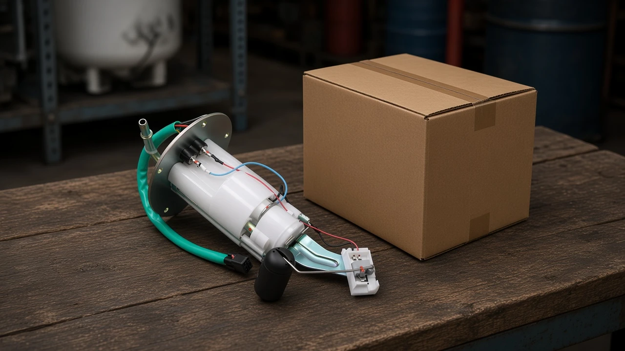 Symptoms of a Bad Fuel Pump: Counter Ticket Evidence Fork In-tank fuel pump module beside a closed unmarked carton as a noise clue without a pump order